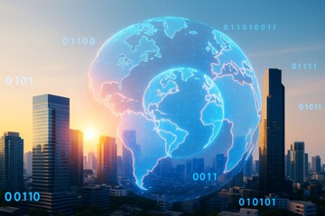 Digital glowing globe with data elements overlaying modern cityscape at sunrise, symbolizing global technology and innovation network concept.