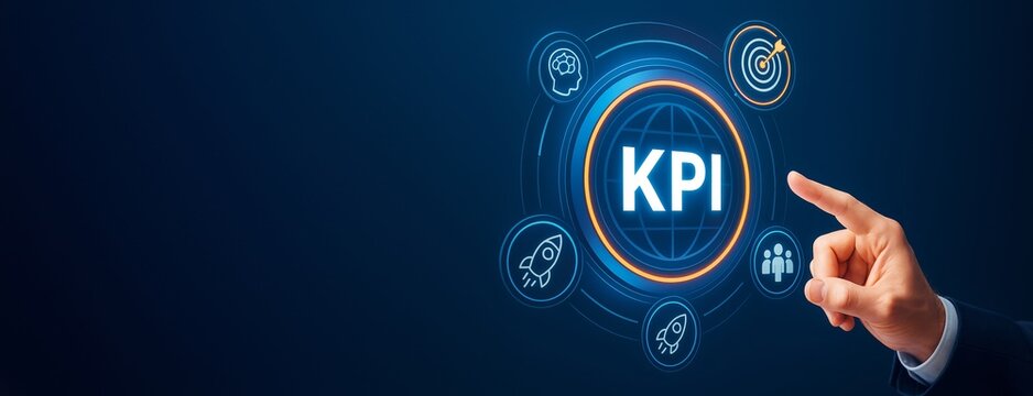 Business KPI strategy concept with icons and hand pointing at digital interface on blue background for performance tracking and optimization design template.