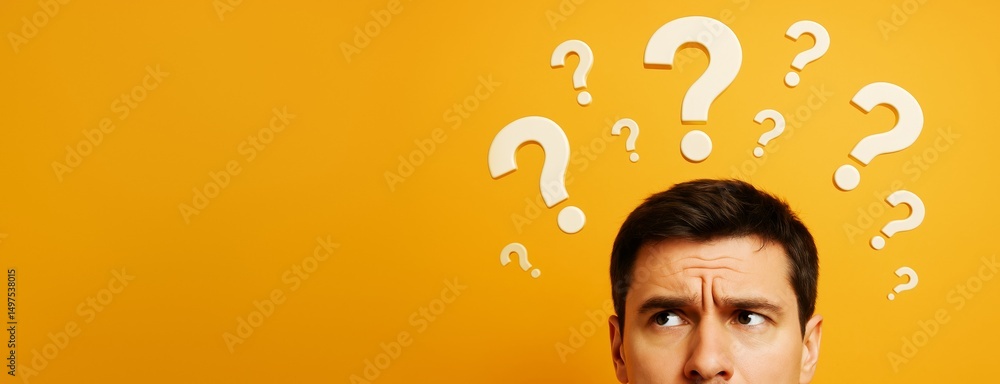Poster Confused man looking up with question marks above his head on orange background, concept template for problem solving or decision making banner.