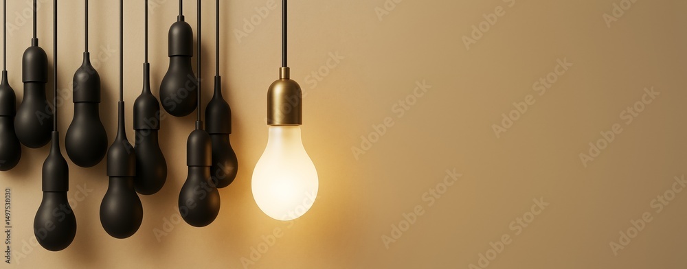 Poster one glowing light bulb among many dark ones on beige background symbolizing creativity and innovatio