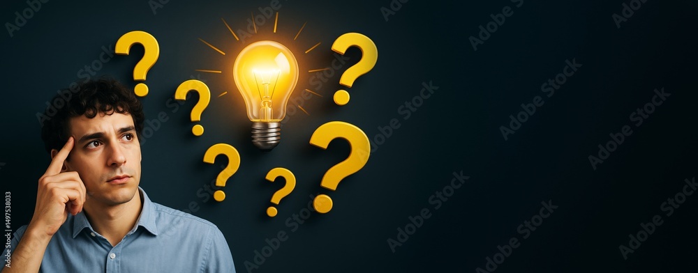Poster thoughtful man with glowing light bulb and question marks on dark background symbolizing business id