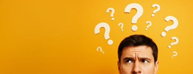 Confused man looking up with question marks above his head on orange background, concept template for problem solving or decision making banner.