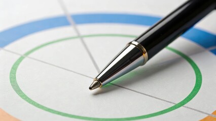 A ballpoint pen tip is positioned on a colorful circular chart, suggesting focus or analysis in business or planning.
