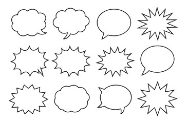A set of speech bubble and comic explosion shapes, designed in minimalistic line art style, ideal for use in graphic design, comics, or as creative design elements in various projects.