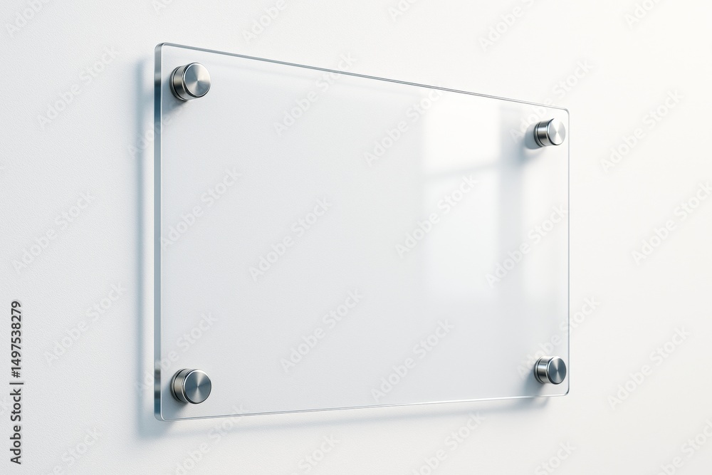 Poster transparent glass signboard with metallic mounts on white wall background for business mockup and br