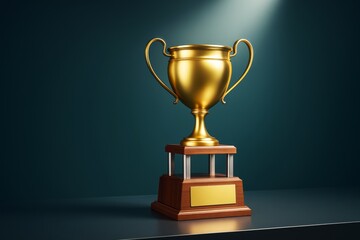 Golden trophy cup on pedestal with blank nameplate under spotlight on dark teal background, ideal for business award concept or clean promotion mockup.