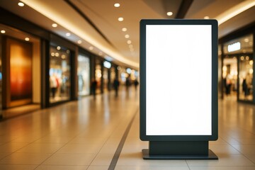 Blank advertising display screen in shopping mall with blurred bright background, perfect for business promotion or branding mockup template.