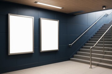 Two vertical blank posters on dark blue wall beside indoor staircase with metal railings in modern building interior space.