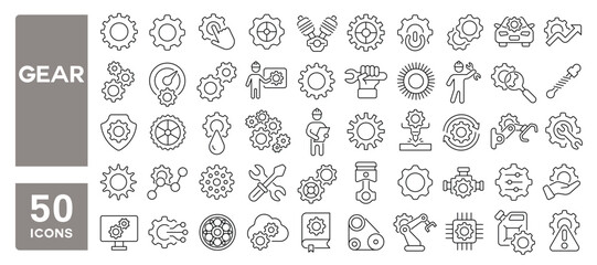 Set of 50 line icons related to gear, cogwheel, engine, mechanical, setting, repair, mechanism, Editable stroke. Vector illustration