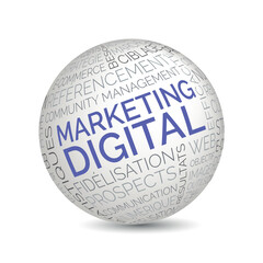 French digital marketing concept sphere with SEO and social media keywords