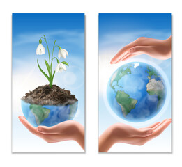 Realistic Ecology Vertical banners with Planet Earth