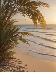 Warm, faded tones highlight a tranquil beach scene; palm fronds sway in the breeze  Ocean horizon glows softly ,  retro style,  palm trees