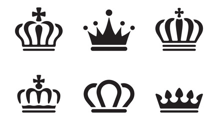 A collection of black-and-white silhouette illustrations of crowns, featuring elegant design with round tips and royal detailing, perfect for use in logos, symbols, and decorative purposes.