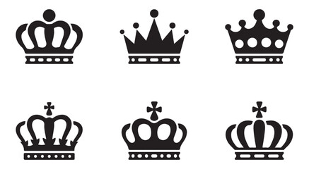 A collection of black-and-white silhouette illustrations of crowns, featuring elegant design with round tips and royal detailing, perfect for use in logos, symbols, and decorative purposes.