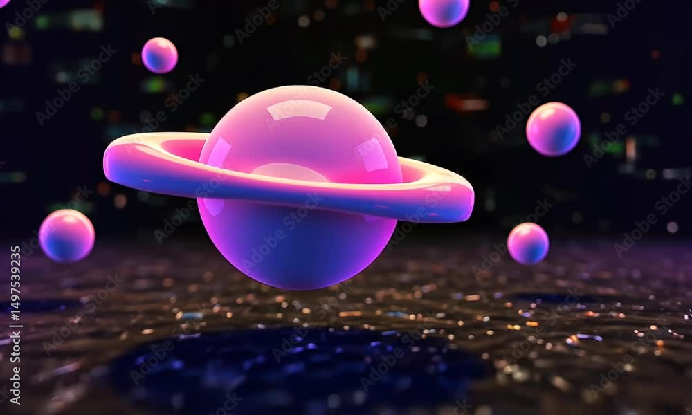 Poster pink planet with ring and floating spheres in a dark digital space with blurred background