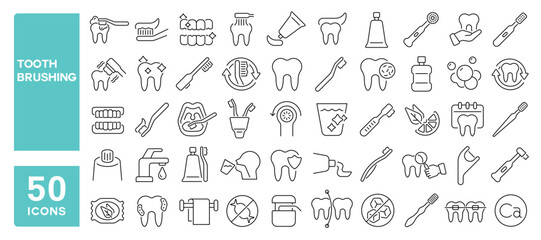 Set of 50 line icons related to tooth brushing, dentifrice, toothbrush, dental care, toothpaste, mouthwash, teeth protect, Editable stroke. Vector illustration