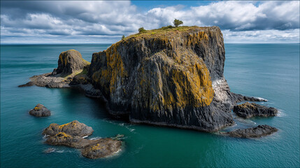 Isolated rock formation juts out into a body of water. The cliff is mostly dark brownish-gray rock, with patches of yellowish-gold lichen or mineral deposits