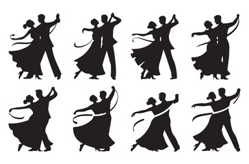  A set of silhouettes of dancers performing various dance poses, such as ballroom and rhythmic dancing, captured in black-and-white with ribbons and elegant movements for artistic projects.