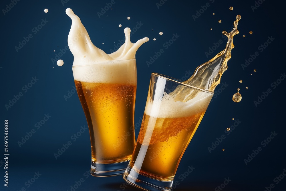 Aufkleber two beer glasses splashing with foam and liquid under dramatic lighting on a dark background, showca