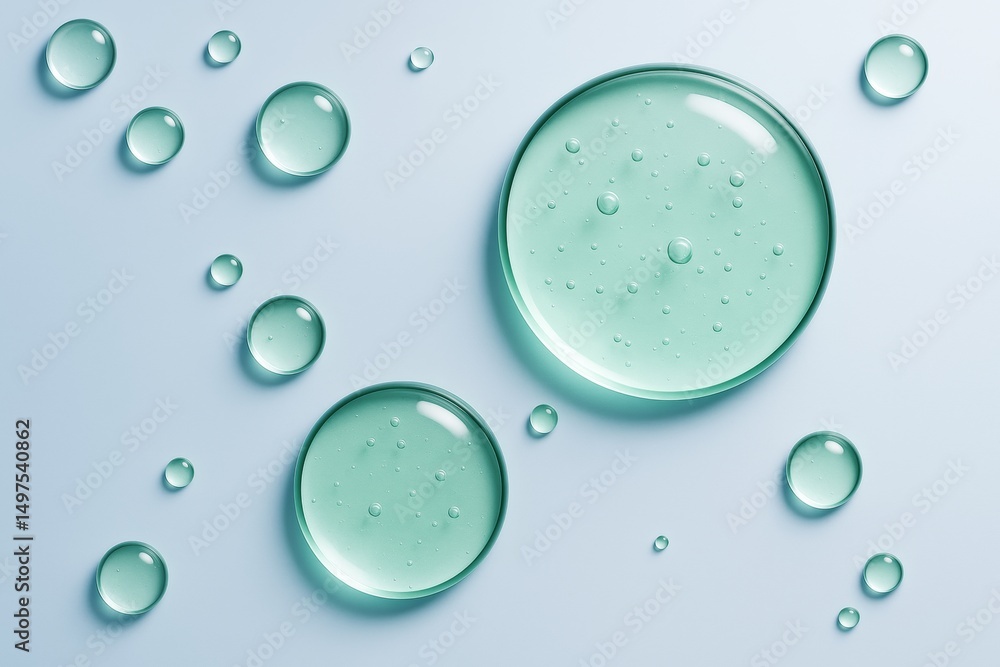Poster transparent green liquid drops on smooth light blue background with soft reflections and bubbles, sy