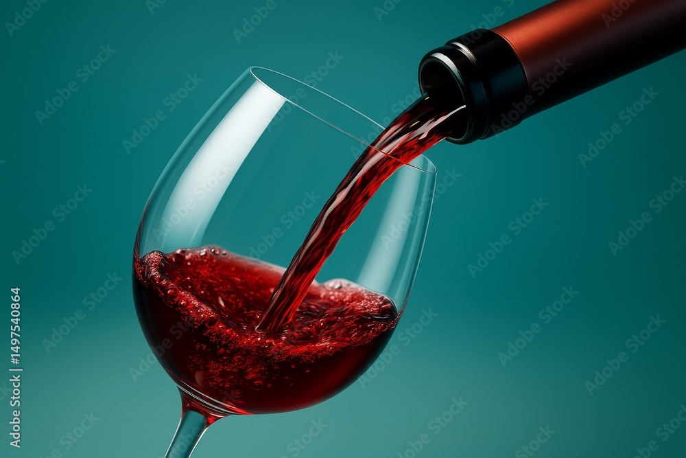 Aufkleber close-up of red wine being poured into a glass with vibrant background and dynamic liquid motion cap