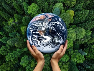 Protecting Our Planet Hands Holding Earth Amidst Lush Green Foliage
