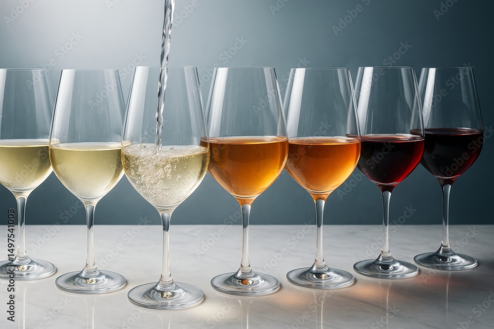 Aufkleber selection of elegant wine glasses with various drinks in gradient colors on marble surface with soft