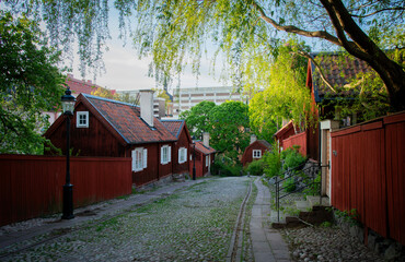 Old red wood homes, Sodermalm district, Stockholm, Sweden