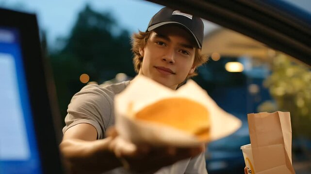 Drive-thru worker handing bag with chicken sandwich and soda