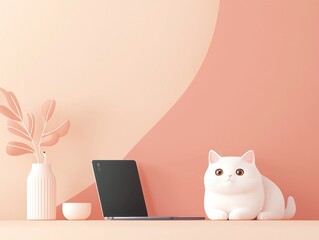 Pastel Room Interior with White Cat and Laptop