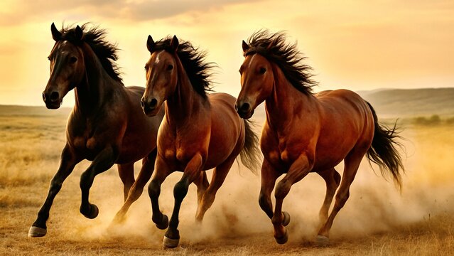 Three brown horses are galloping fast in a dry field, kicking up dust as they run towards the setting sun, creating a beautiful and dynamic scene