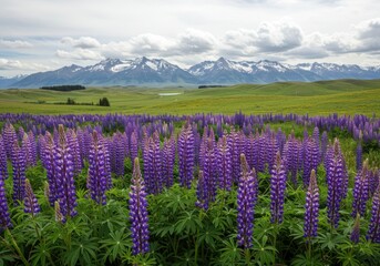 Obraz premium Lupine field with mountains
