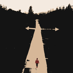 Person at a Crossroad Facing Three Paths, Illustration of Doubt and Decision