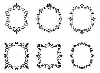  A collection of elegant decorative frames in various shapes and designs, drawn in black-and-white style, perfect for adding a vintage or artistic touch to digital or print projects.