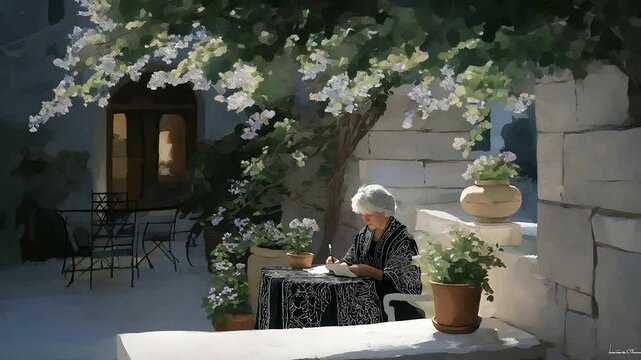 Elderly woman embroidering lace mantilla on sunlit patio