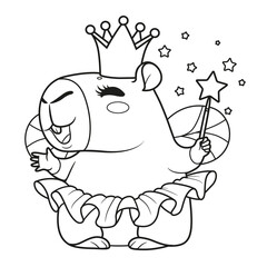 Cute cartoon capybara in a princess dress with wings and a magic wand outlined for coloring page on a white background