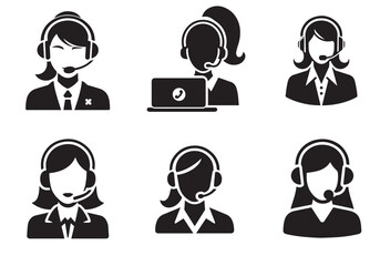 Fototapeta premium Call center woman Icon Set, Call center woman Silhouette Black Vector White Background