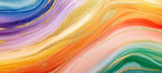 Closeup of abstract rough colorful multicolored rainbow colors with golden glitter art painting texture background banner long panorama, oil acrylic brushstroke, pallet knife paint on canvas wallpaper