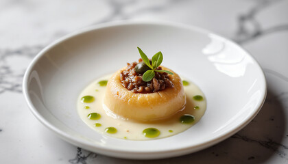 A gourmet dish features a round squash mold topped with savory meat and vibrant green sauce on a white plate