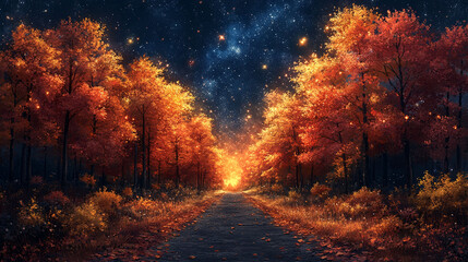 Autumn forest path under starry night sky, lit by glowing leaves.