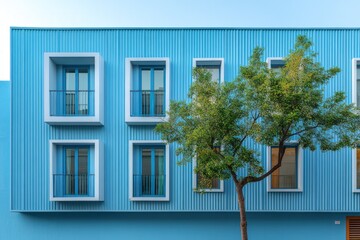 Modern apartment building facade with blue panels and white windows