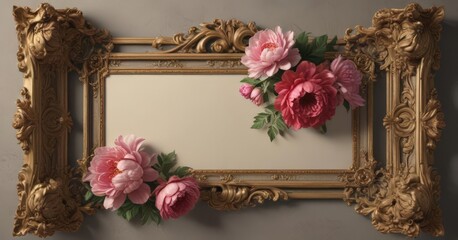 Elegant Baroque frame with scrolling acanthus leaves and stylized rose peonies ,  decoration,  vintage floral