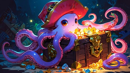 Obraz premium Anime octopus with pirate accessories and treasure chest