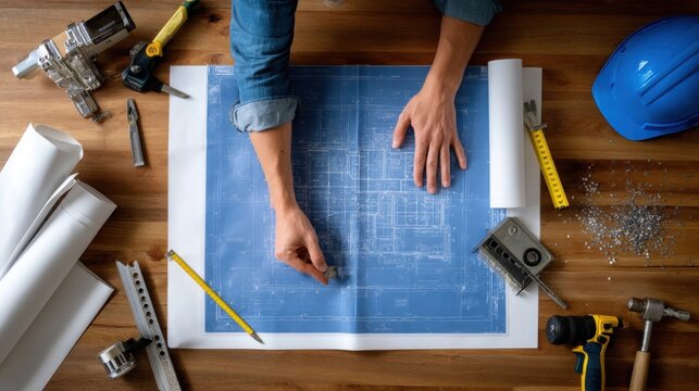 blueprint spread open with tools around, carpenter pointing at section - Powered by Adobe