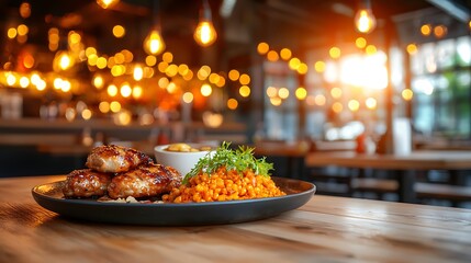 Savory chicken patties with flavorful rice in a cozy restaurant
