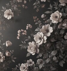 Subtle charcoal floral wallpaper, vintage feel, delicate blooms and leaves ,  print,  dark
