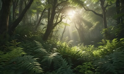 Sunlight dappled through dense forest canopy, ferns and broad leaves ,  growth,  organic,  canopy