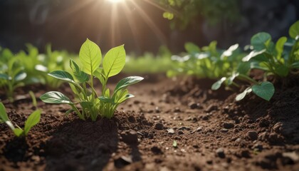 Vibrant green sprout emerging from soil, sunlight dappled leaves ,  woodland,  closeup,  botany