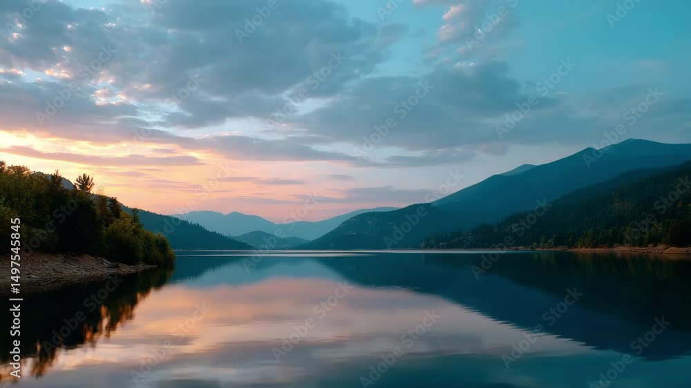 Poster sunset over lake with mountain reflection and colorful sky clouds creating peaceful calm scenery