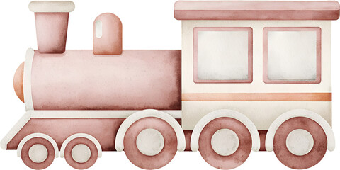 Watercolor illustration of a pink and cream toy train on transparent background.